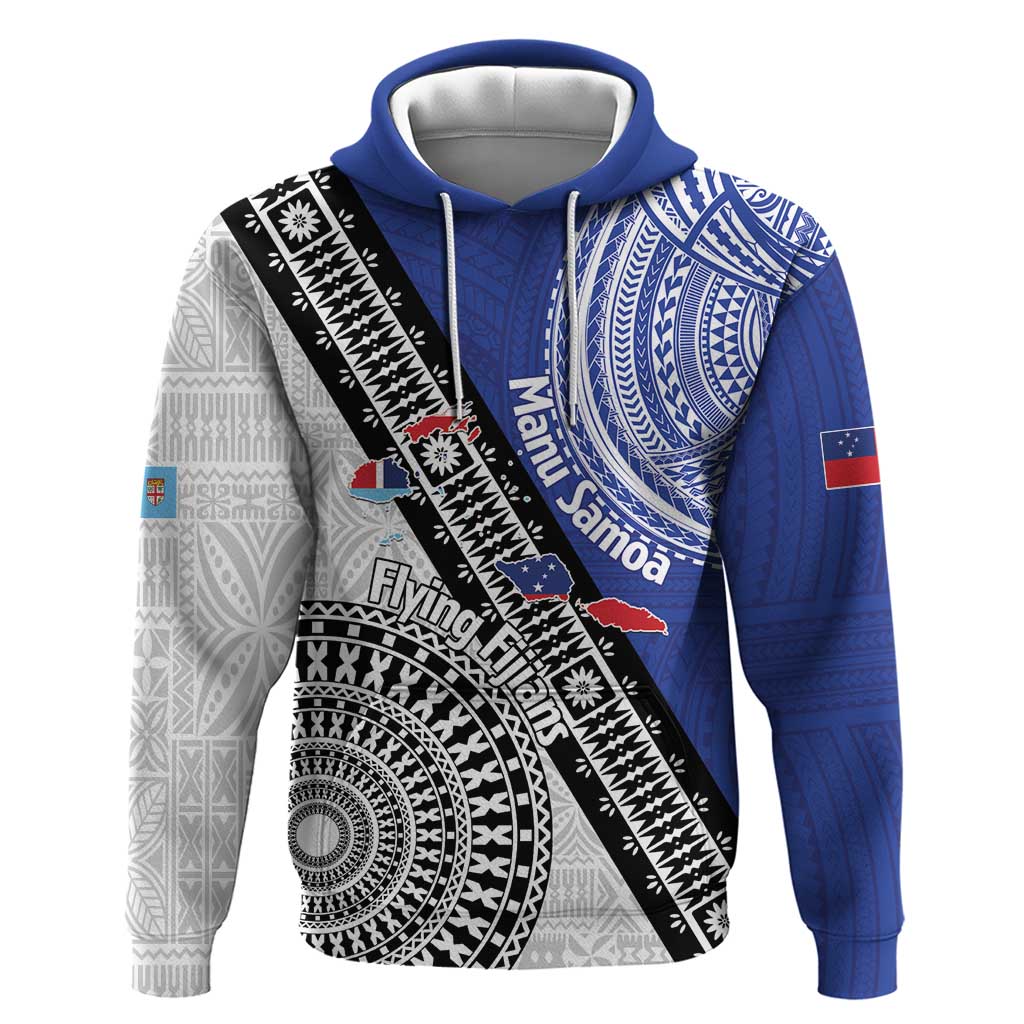 Fiji an Samoa Rugby Custom Zip Hoodie Flying Fijians Manu Samoa Together Pacific LT14 Pullover Hoodie Blue - Polynesian Pride