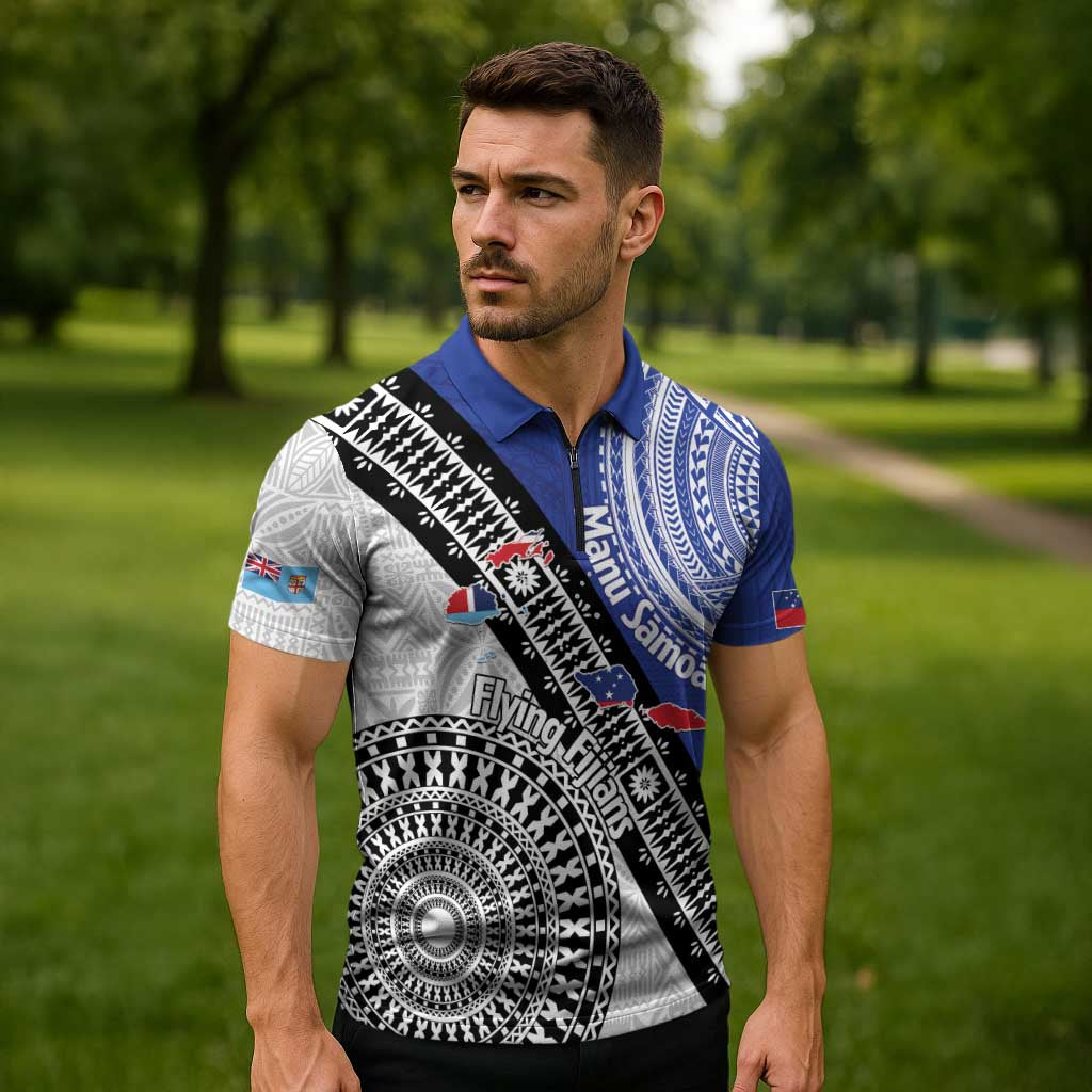 Fiji an Samoa Rugby Custom Zipper Polo Shirt Flying Fijians Manu Samoa Together Pacific - Polynesian Pride