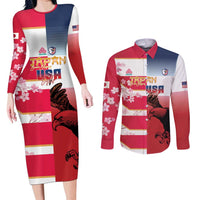 USA and Japan Rugby Custom Couples Matching Long Sleeve Bodycon Dress and Long Sleeve Button Shirt Eagles Brave Blossoms Together Pacific - Polynesian Pride