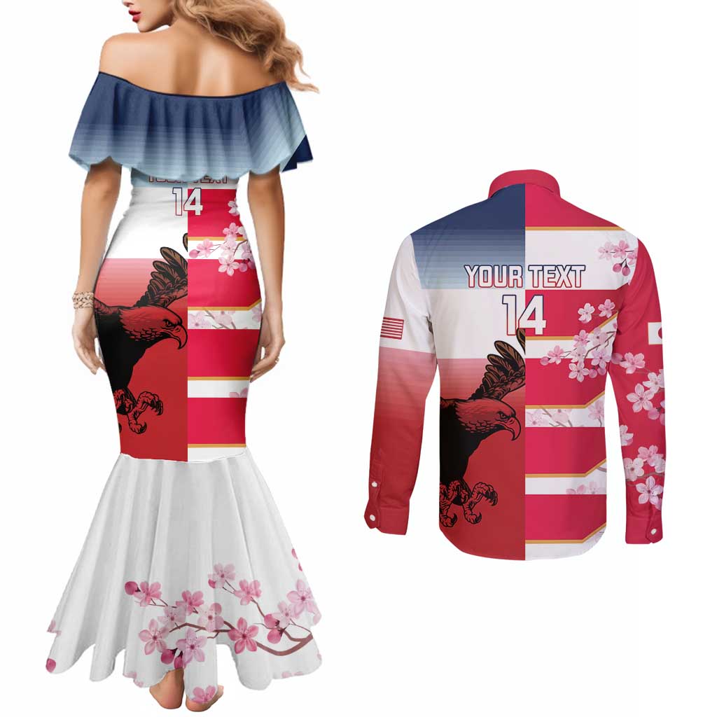 USA and Japan Rugby Custom Couples Matching Mermaid Dress and Long Sleeve Button Shirt Eagles Brave Blossoms Together Pacific - Polynesian Pride