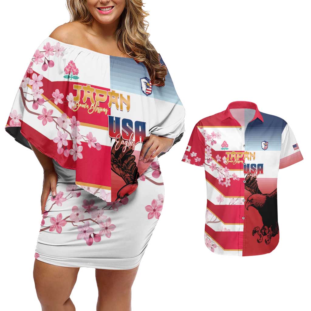 USA and Japan Rugby Custom Couples Matching Off Shoulder Short Dress and Hawaiian Shirt Eagles Brave Blossoms Together Pacific - Polynesian Pride