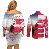 USA and Japan Rugby Custom Couples Matching Off Shoulder Short Dress and Long Sleeve Button Shirt Eagles Brave Blossoms Together Pacific - Polynesian Pride