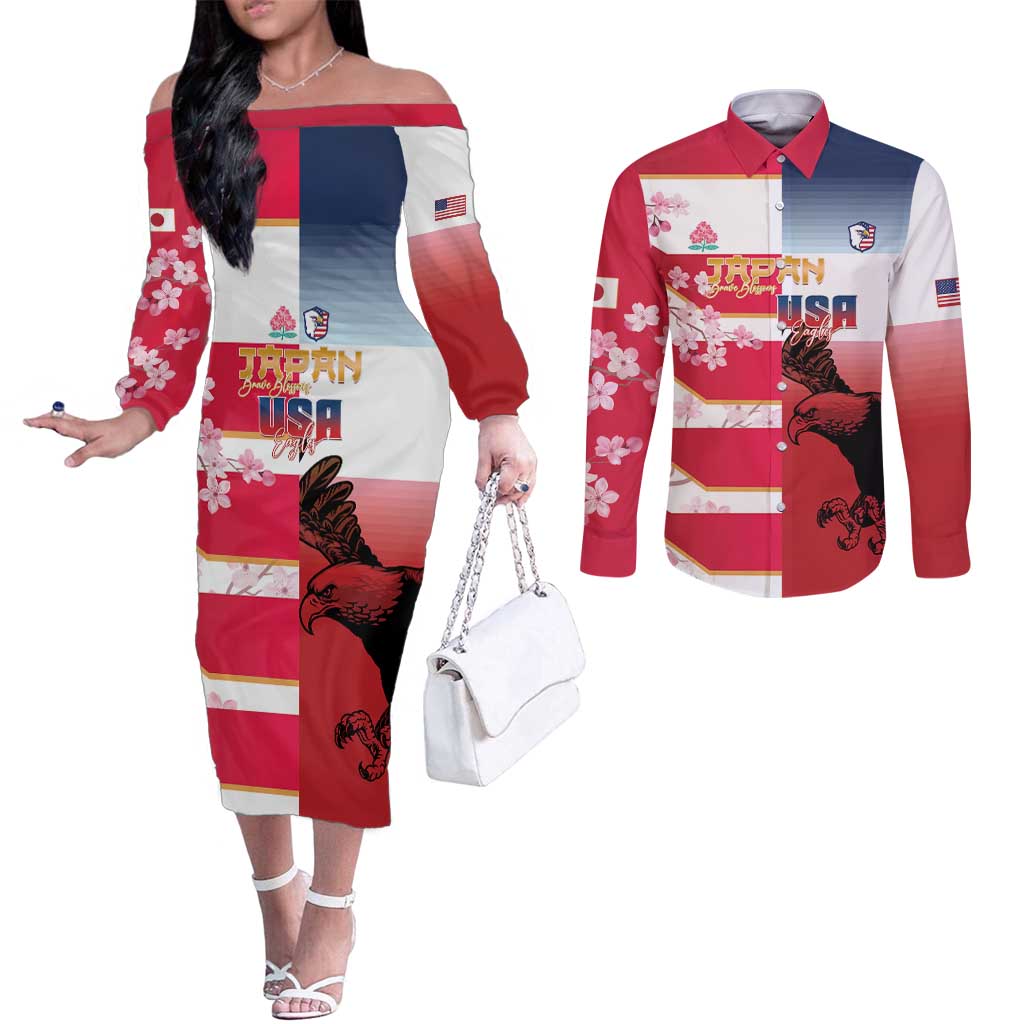 USA and Japan Rugby Custom Couples Matching Off The Shoulder Long Sleeve Dress and Long Sleeve Button Shirt Eagles Brave Blossoms Together Pacific - Polynesian Pride