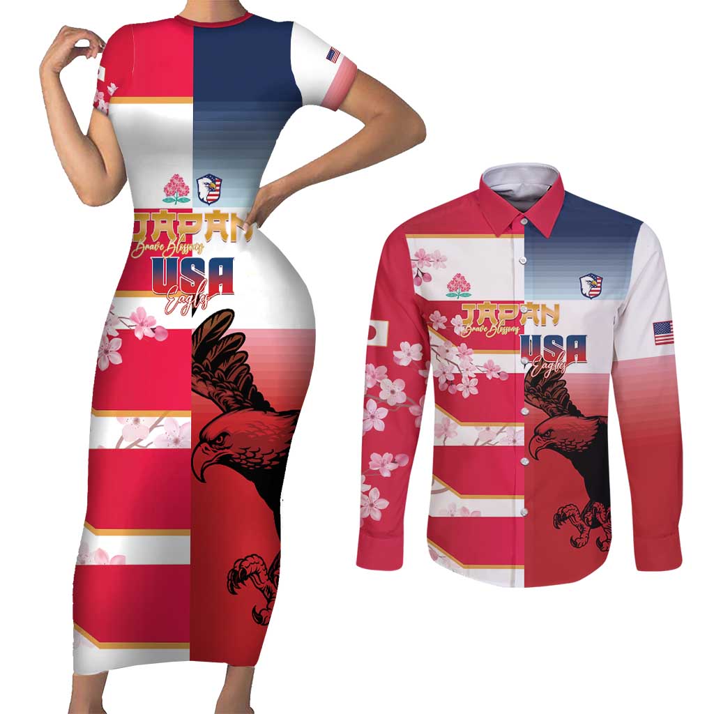 USA and Japan Rugby Custom Couples Matching Short Sleeve Bodycon Dress and Long Sleeve Button Shirt Eagles Brave Blossoms Together Pacific - Polynesian Pride