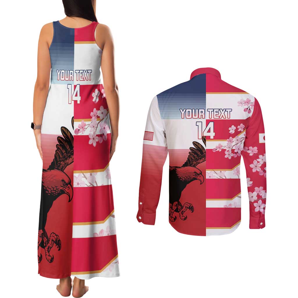 USA and Japan Rugby Custom Couples Matching Tank Maxi Dress and Long Sleeve Button Shirt Eagles Brave Blossoms Together Pacific - Polynesian Pride