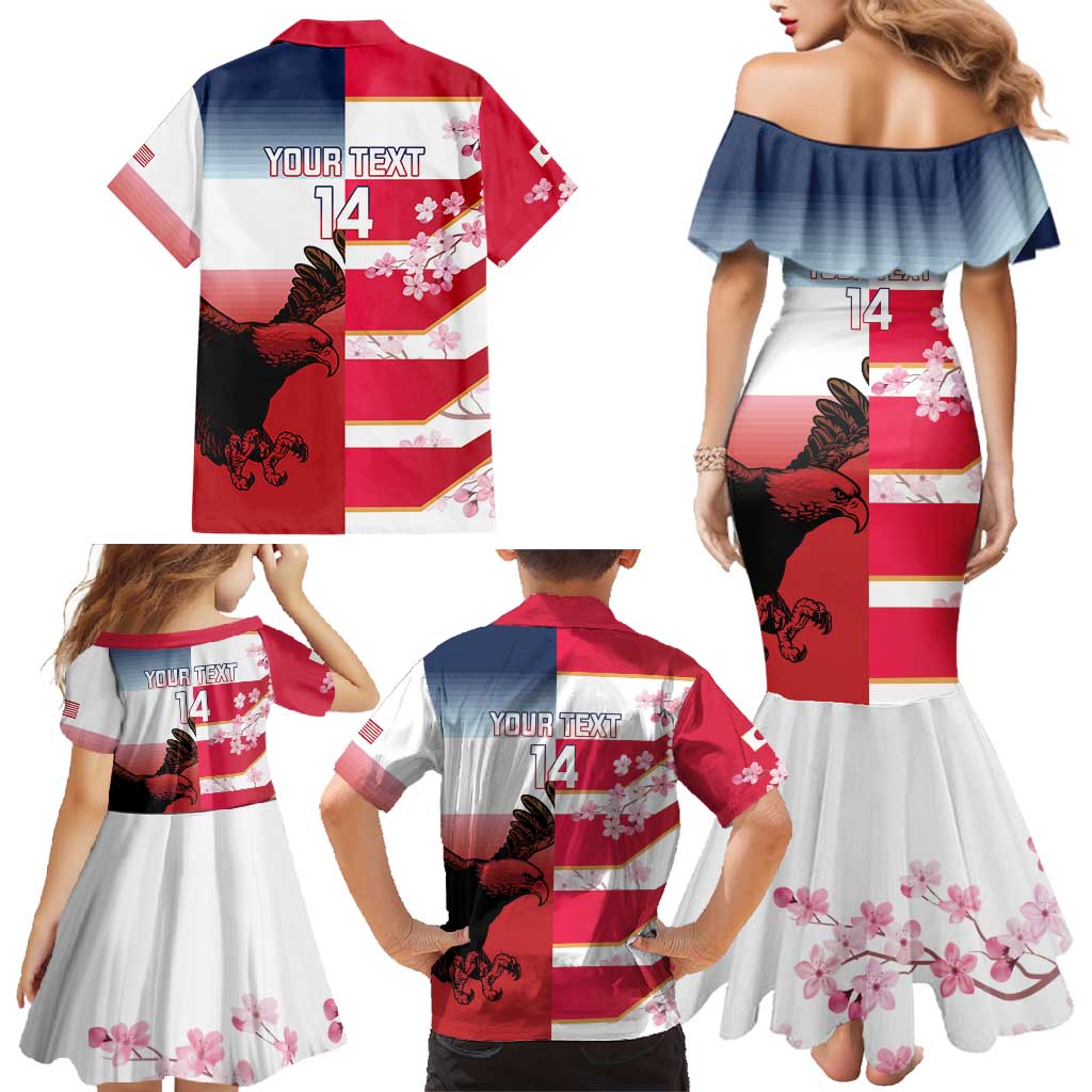 USA and Japan Rugby Custom Family Matching Mermaid Dress and Hawaiian Shirt Eagles Brave Blossoms Together Pacific - Polynesian Pride