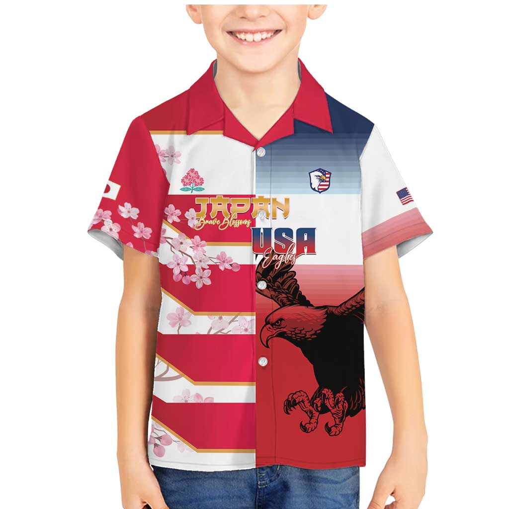 USA and Japan Rugby Custom Family Matching Mermaid Dress and Hawaiian Shirt Eagles Brave Blossoms Together Pacific - Polynesian Pride