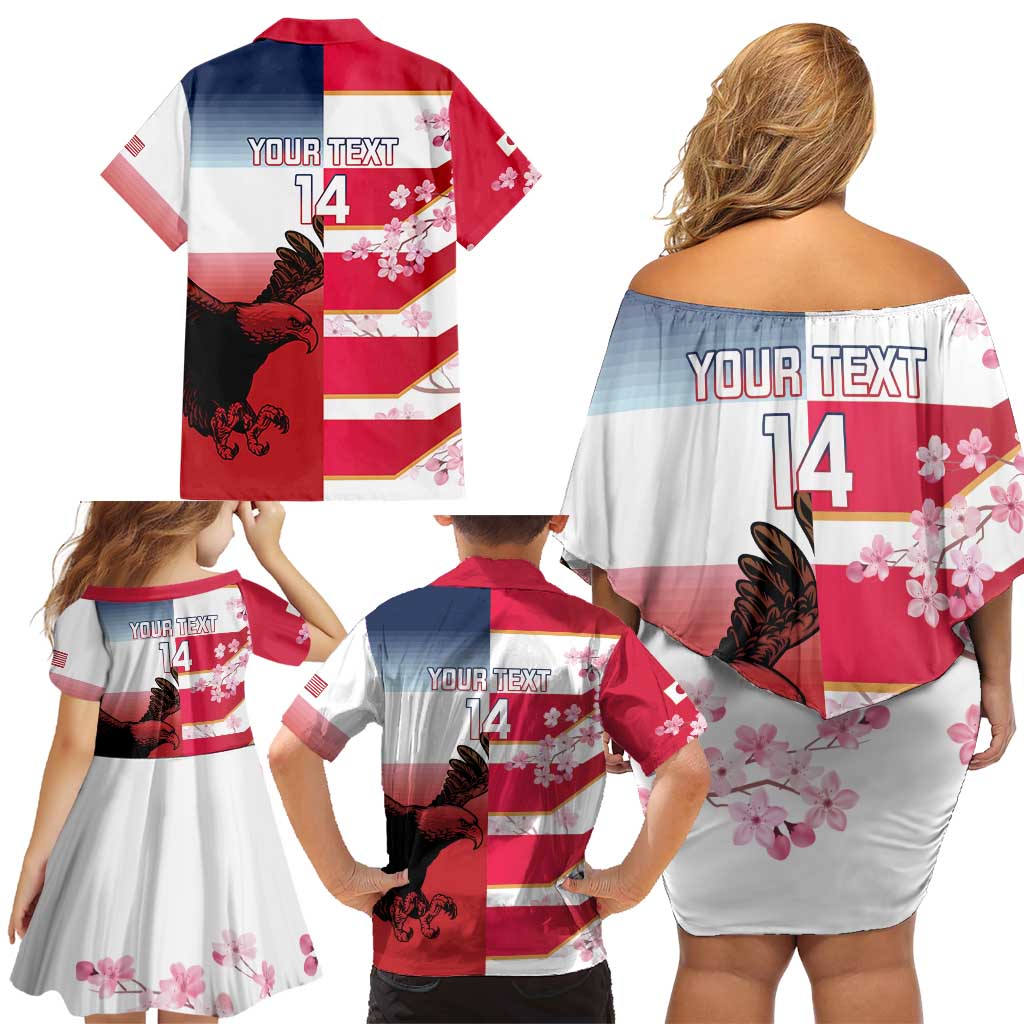 USA and Japan Rugby Custom Family Matching Off Shoulder Short Dress and Hawaiian Shirt Eagles Brave Blossoms Together Pacific - Polynesian Pride