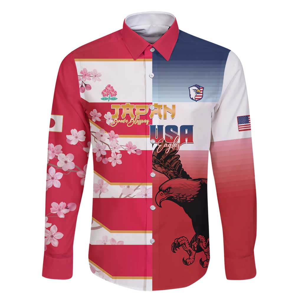 USA and Japan Rugby Custom Family Matching Off Shoulder Short Dress and Hawaiian Shirt Eagles Brave Blossoms Together Pacific - Polynesian Pride