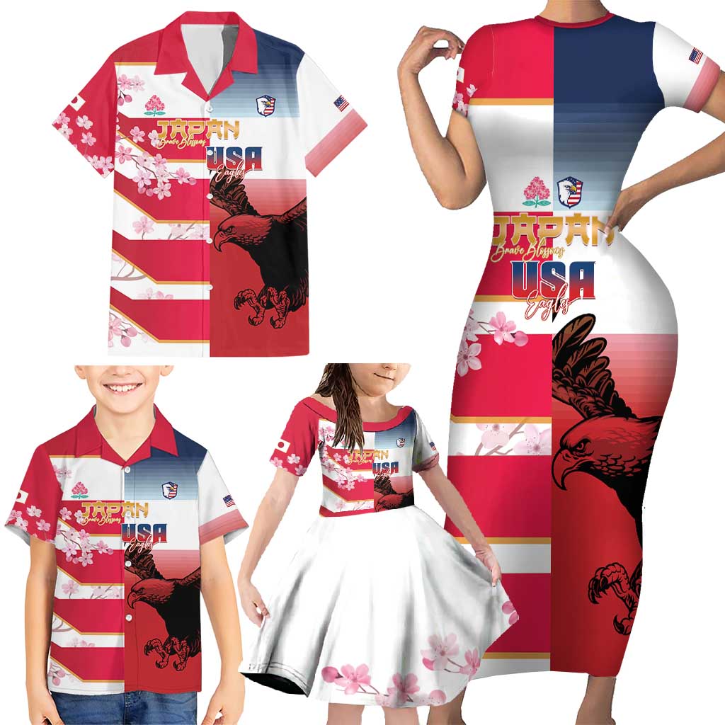 USA and Japan Rugby Custom Family Matching Short Sleeve Bodycon Dress and Hawaiian Shirt Eagles Brave Blossoms Together Pacific - Polynesian Pride