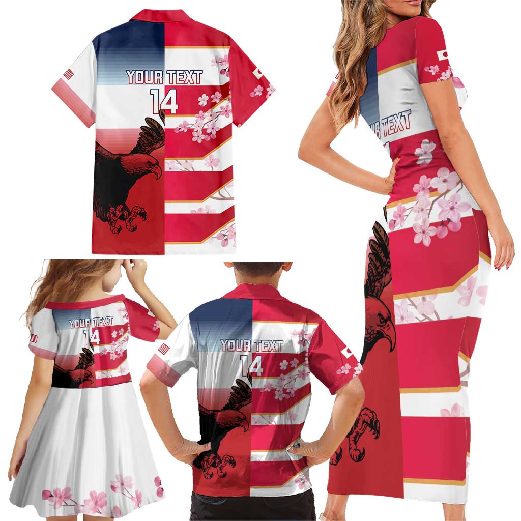 USA and Japan Rugby Custom Family Matching Short Sleeve Bodycon Dress and Hawaiian Shirt Eagles Brave Blossoms Together Pacific - Polynesian Pride