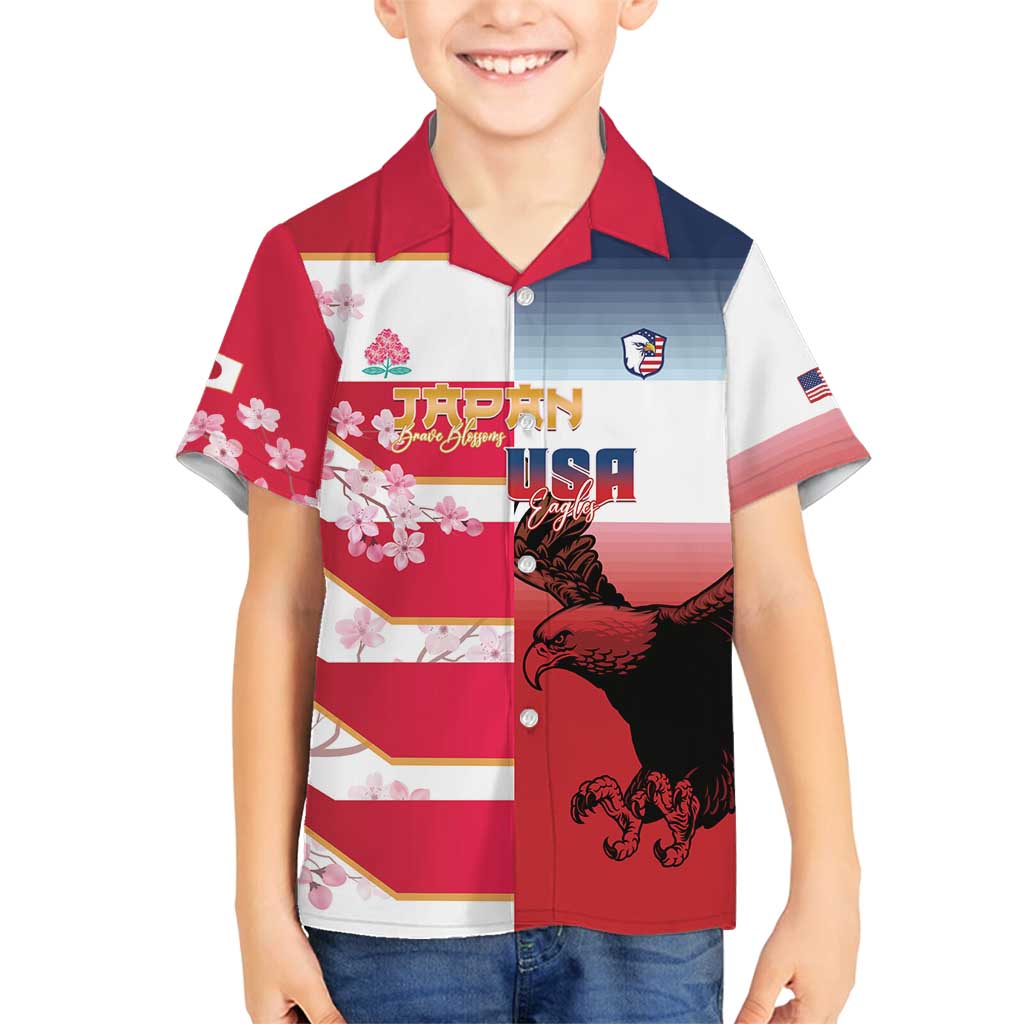 USA and Japan Rugby Custom Family Matching Tank Maxi Dress and Hawaiian Shirt Eagles Brave Blossoms Together Pacific - Polynesian Pride