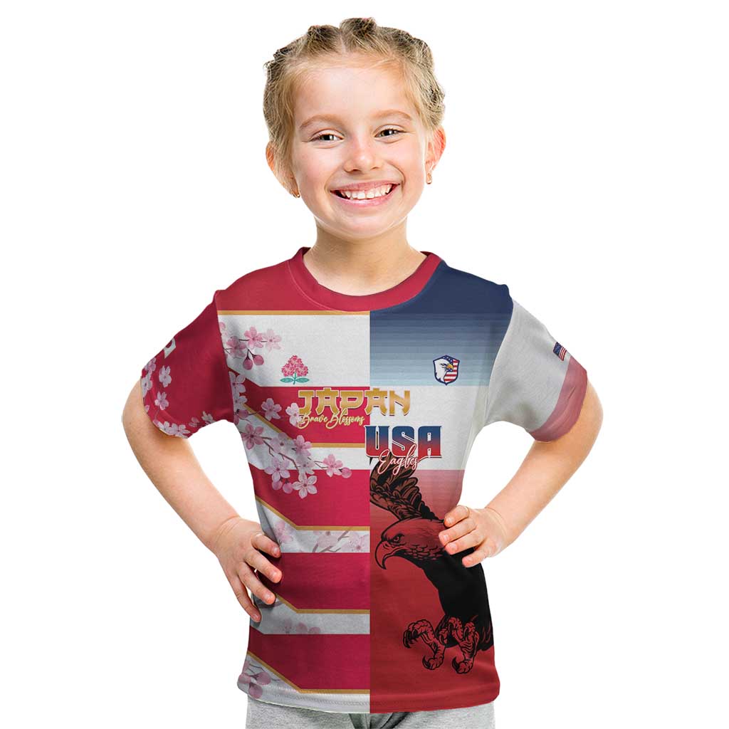 USA and Japan Rugby Custom Kid T Shirt Eagles Brave Blossoms Together Pacific - Polynesian Pride