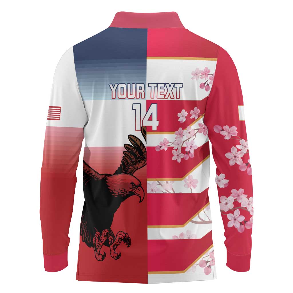 USA and Japan Rugby Custom Long Sleeve Polo Shirt Eagles Brave Blossoms Together Pacific - Polynesian Pride