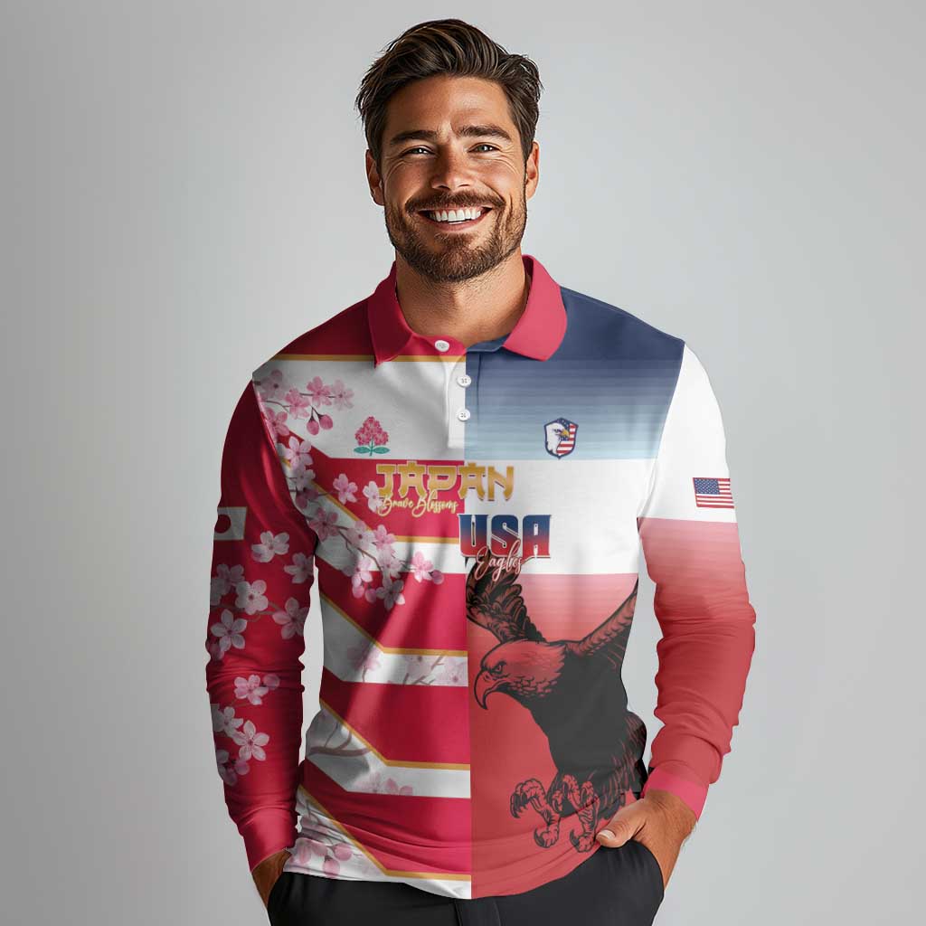 USA and Japan Rugby Custom Long Sleeve Polo Shirt Eagles Brave Blossoms Together Pacific - Polynesian Pride