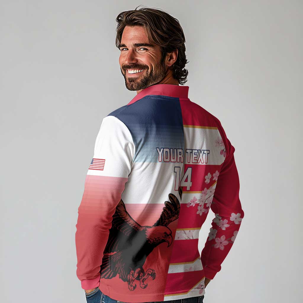 USA and Japan Rugby Custom Long Sleeve Polo Shirt Eagles Brave Blossoms Together Pacific - Polynesian Pride