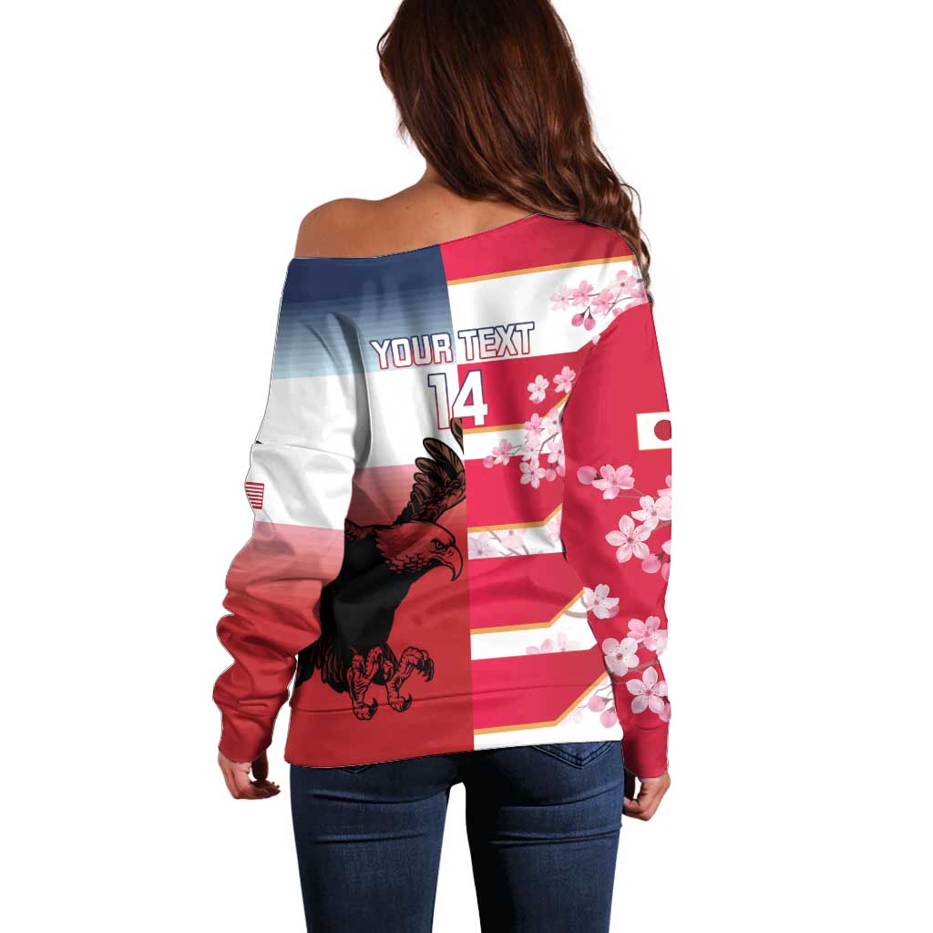 USA and Japan Rugby Custom Off Shoulder Sweater Eagles Brave Blossoms Together Pacific - Polynesian Pride