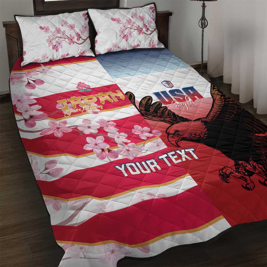 USA and Japan Rugby Custom Quilt Bed Set Eagles Brave Blossoms Together Pacific - Polynesian Pride