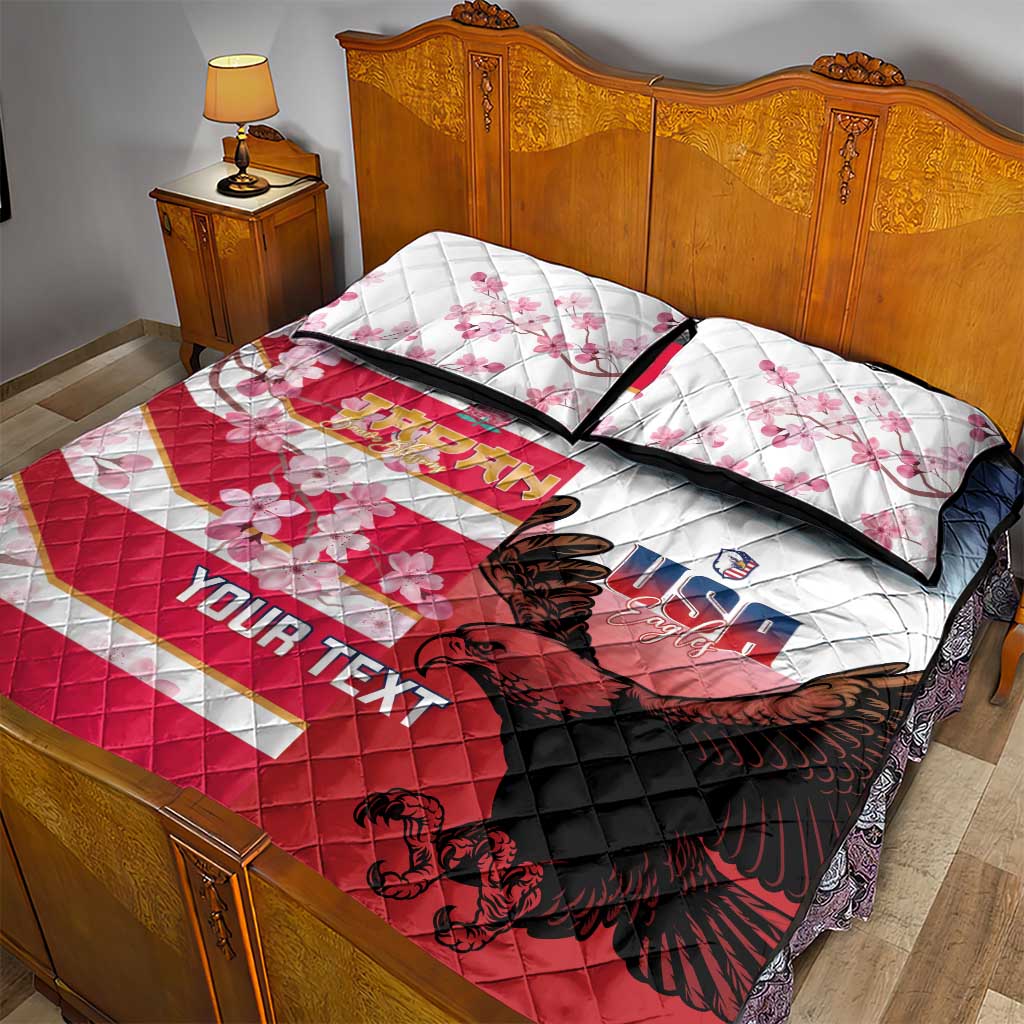 USA and Japan Rugby Custom Quilt Bed Set Eagles Brave Blossoms Together Pacific - Polynesian Pride