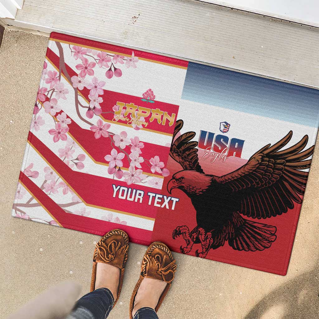 USA and Japan Rugby Custom Rubber Doormat Eagles Brave Blossoms Together Pacific - Polynesian Pride