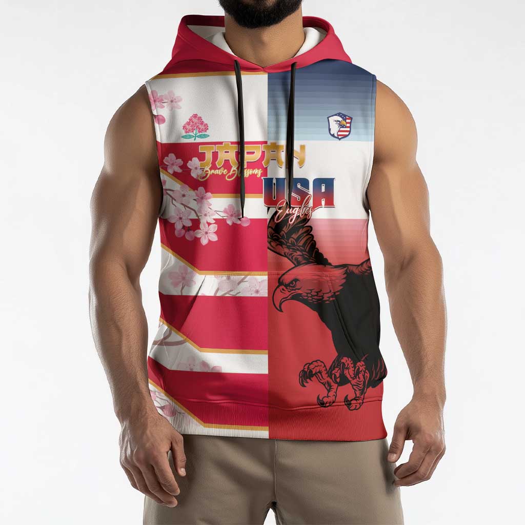 USA and Japan Rugby Custom Sleeveless Hoodie Eagles Brave Blossoms Together Pacific - Polynesian Pride