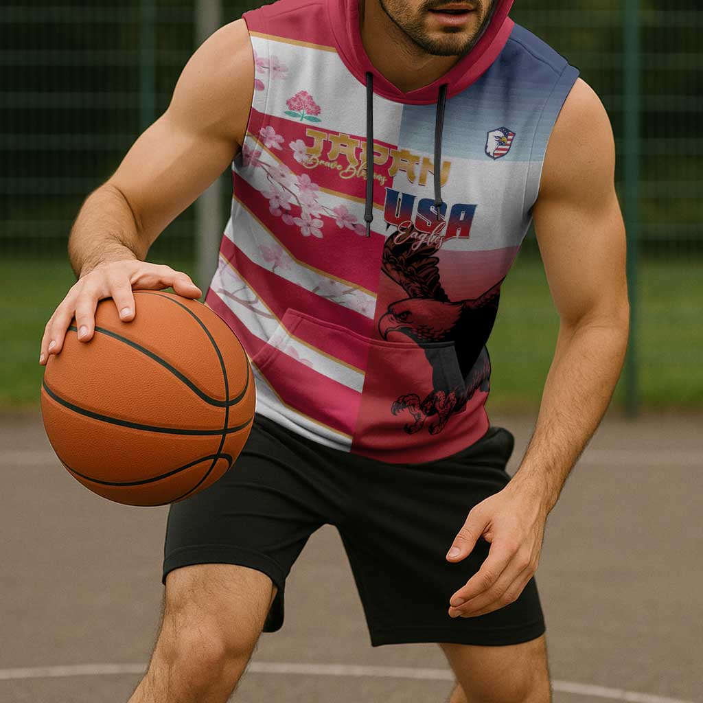 USA and Japan Rugby Custom Sleeveless Hoodie Eagles Brave Blossoms Together Pacific - Polynesian Pride