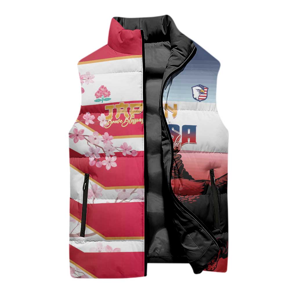 USA and Japan Rugby Custom Sleeveless Puffer Jacket Eagles Brave Blossoms Together Pacific - Polynesian Pride
