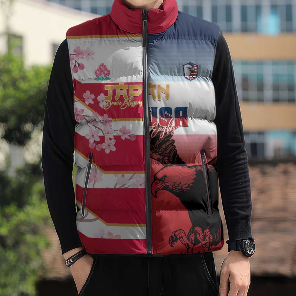 USA and Japan Rugby Custom Sleeveless Puffer Jacket Eagles Brave Blossoms Together Pacific - Polynesian Pride