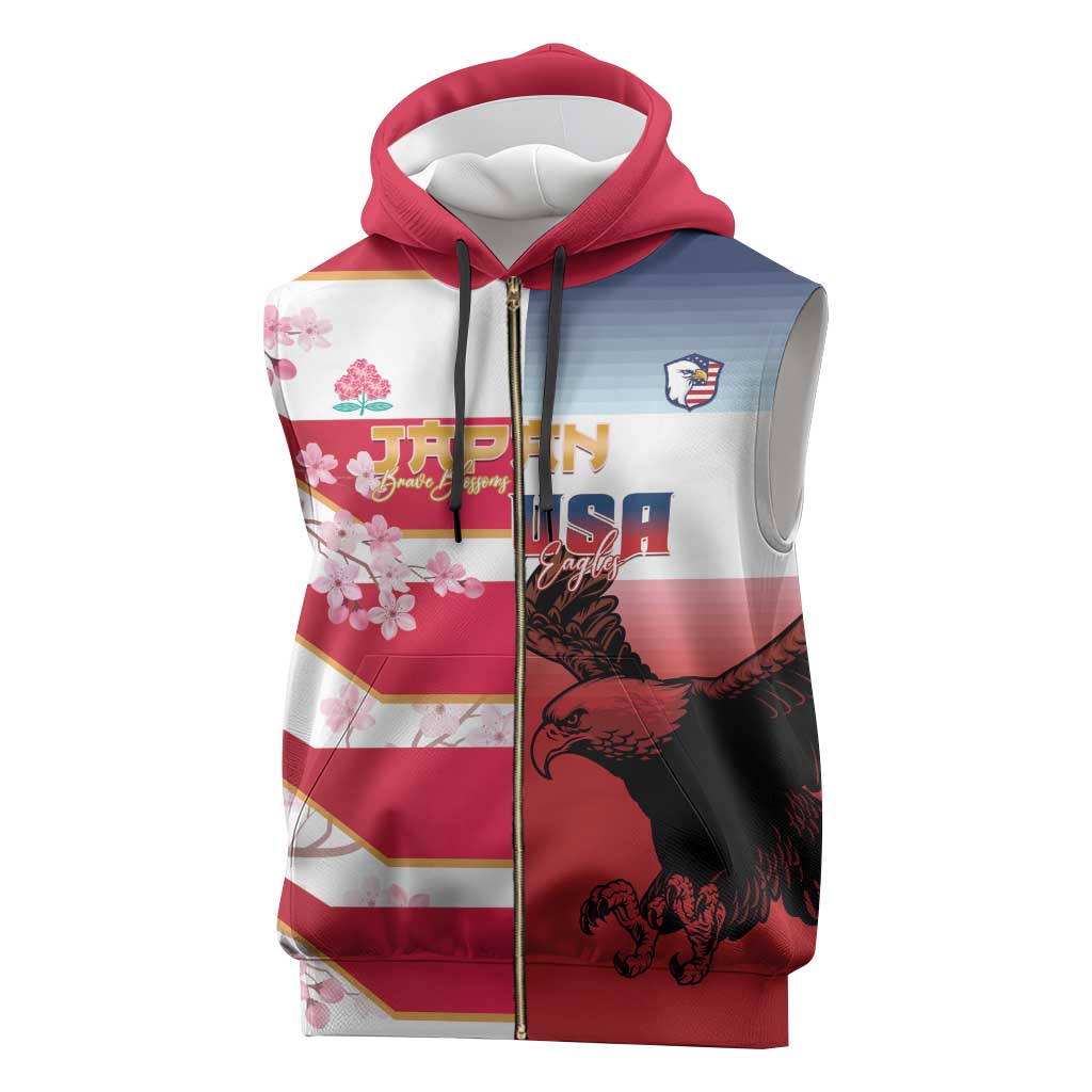 USA and Japan Rugby Custom Sleeveless Zip Hoodie Eagles Brave Blossoms Together Pacific - Polynesian Pride