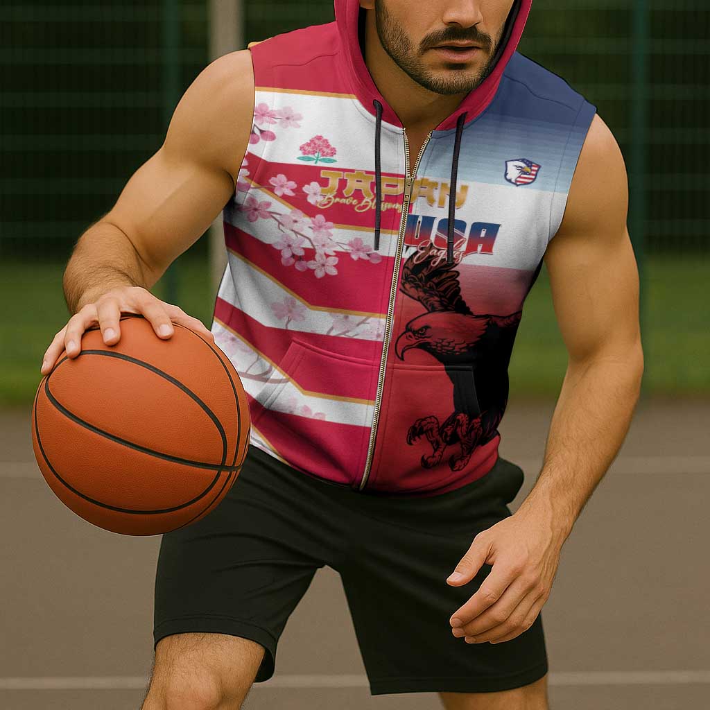 USA and Japan Rugby Custom Sleeveless Zip Hoodie Eagles Brave Blossoms Together Pacific - Polynesian Pride