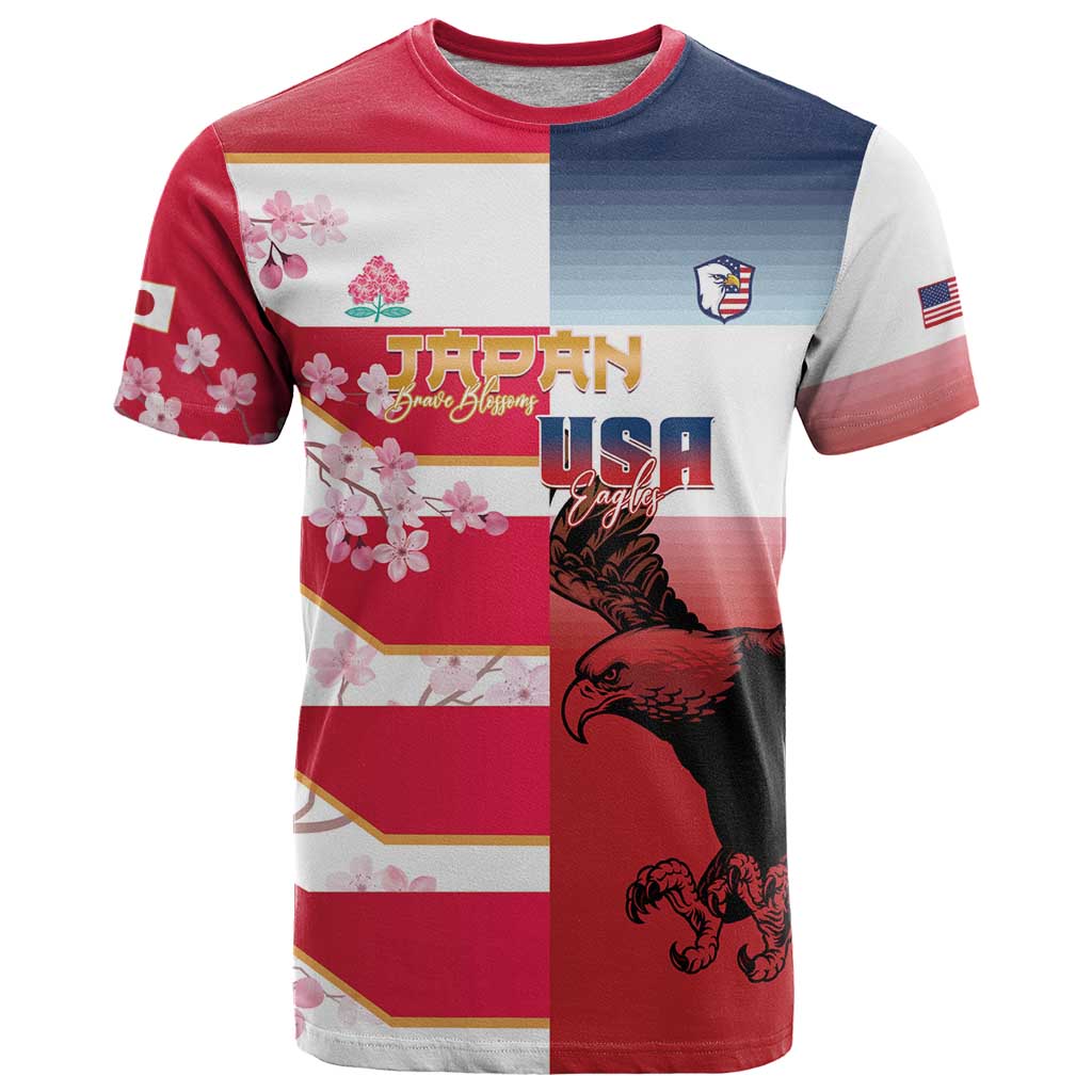 USA and Japan Rugby Custom T Shirt Eagles Brave Blossoms Together Pacific - Polynesian Pride