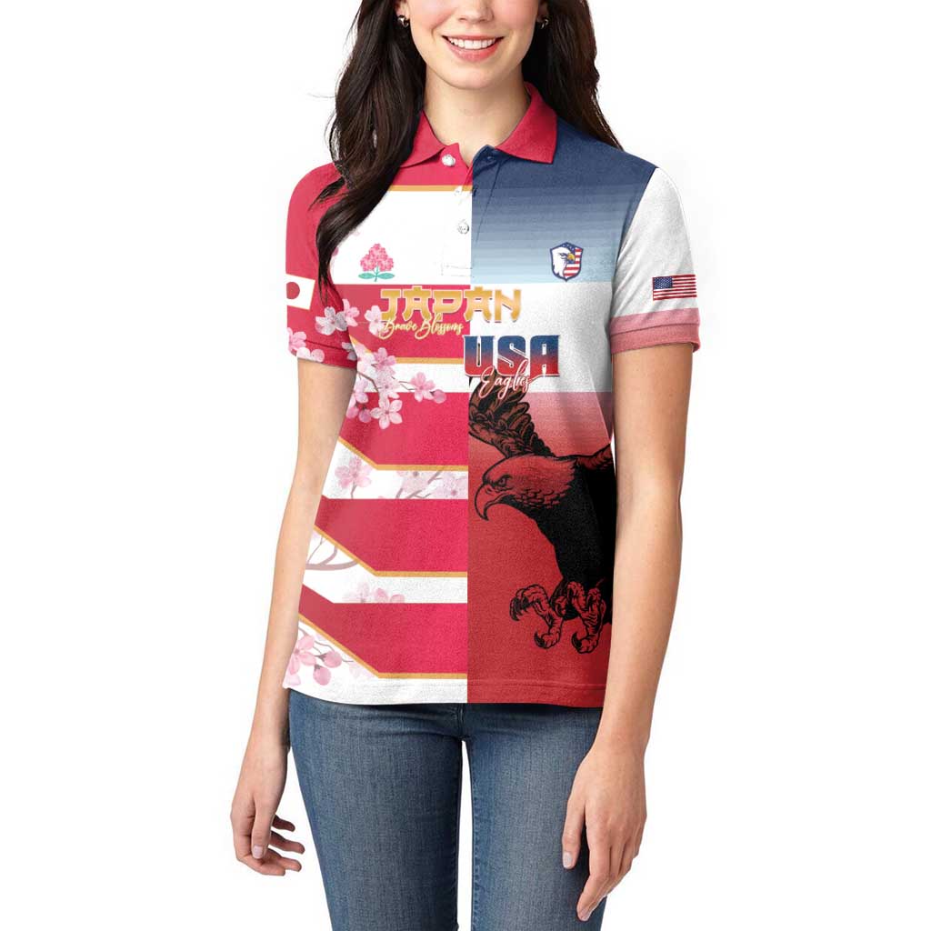 USA and Japan Rugby Custom Women Polo Shirt Eagles Brave Blossoms Together Pacific - Polynesian Pride