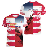 USA and Japan Rugby Custom Women V-Neck T-Shirt Eagles Brave Blossoms Together Pacific - Polynesian Pride