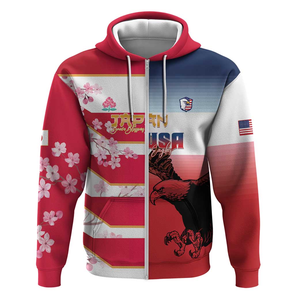 USA and Japan Rugby Custom Zip Hoodie Eagles Brave Blossoms Together Pacific - Polynesian Pride