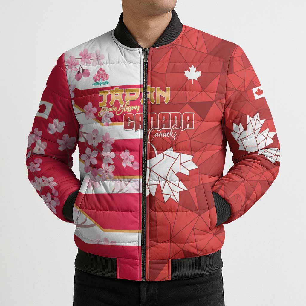 Canada and Japan Rugby Custom Bomber Puffer Jacket Canucks Brave Blossoms Together Pacific - Polynesian Pride