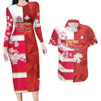 Canada and Japan Rugby Custom Couples Matching Long Sleeve Bodycon Dress and Hawaiian Shirt Canucks Brave Blossoms Together Pacific - Polynesian Pride