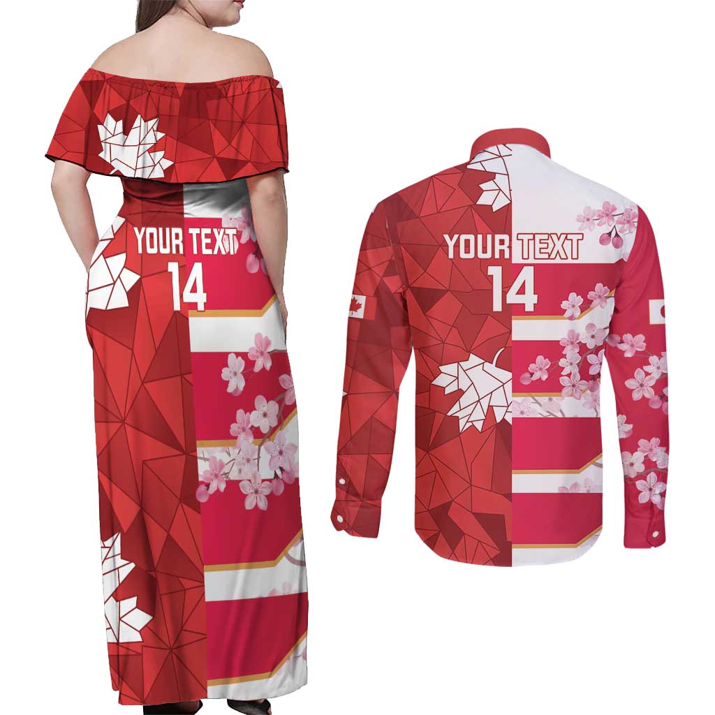 Canada and Japan Rugby Custom Couples Matching Off Shoulder Maxi Dress and Long Sleeve Button Shirt Canucks Brave Blossoms Together Pacific - Polynesian Pride