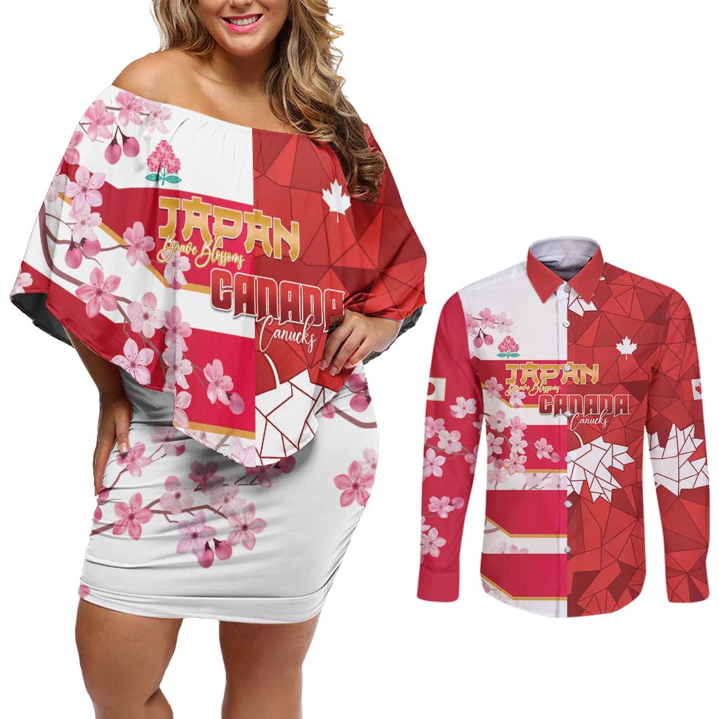 Canada and Japan Rugby Custom Couples Matching Off Shoulder Short Dress and Long Sleeve Button Shirt Canucks Brave Blossoms Together Pacific - Polynesian Pride