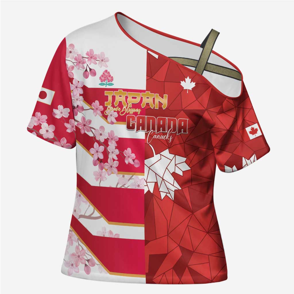 Canada and Japan Rugby Custom Cross Shoulder Shirt Canucks Brave Blossoms Together Pacific - Polynesian Pride