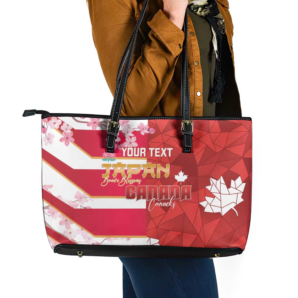 Canada and Japan Rugby Custom Leather Tote Bag Canucks Brave Blossoms Together Pacific - Polynesian Pride
