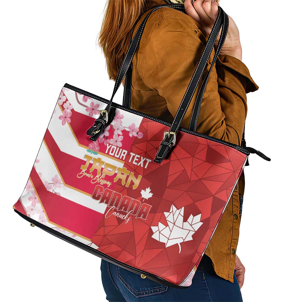 Canada and Japan Rugby Custom Leather Tote Bag Canucks Brave Blossoms Together Pacific - Polynesian Pride