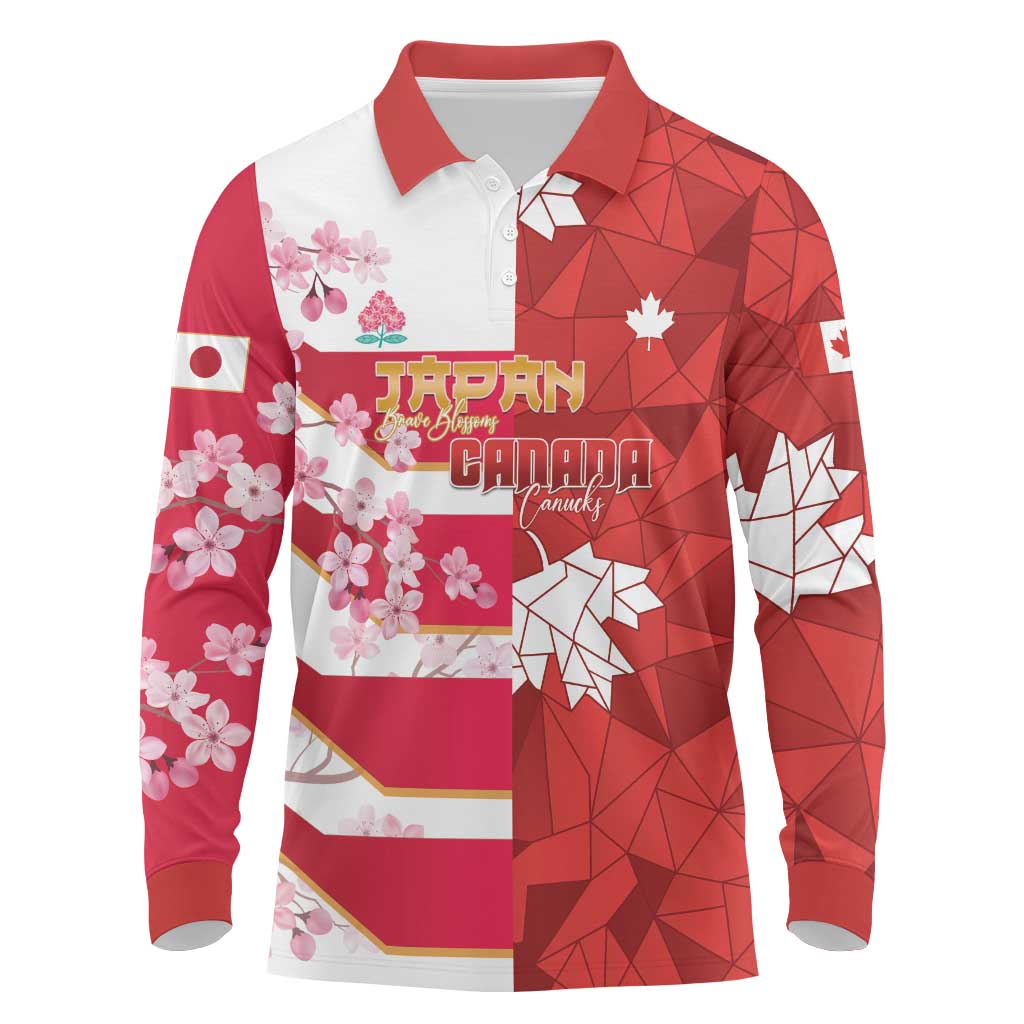 Canada and Japan Rugby Custom Long Sleeve Polo Shirt Canucks Brave Blossoms Together Pacific - Polynesian Pride