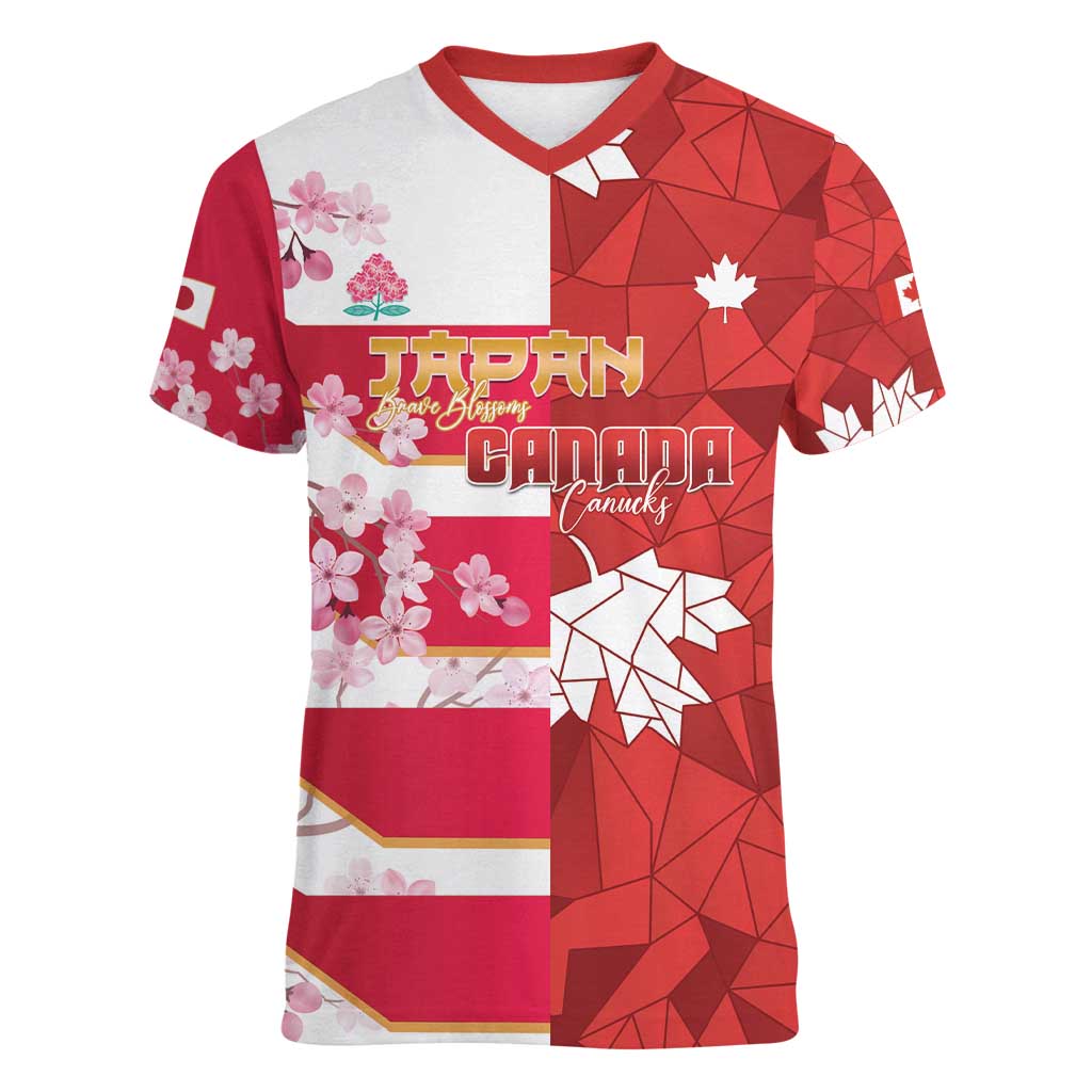 Canada and Japan Rugby Custom Women V-Neck T-Shirt Canucks Brave Blossoms Together Pacific - Polynesian Pride