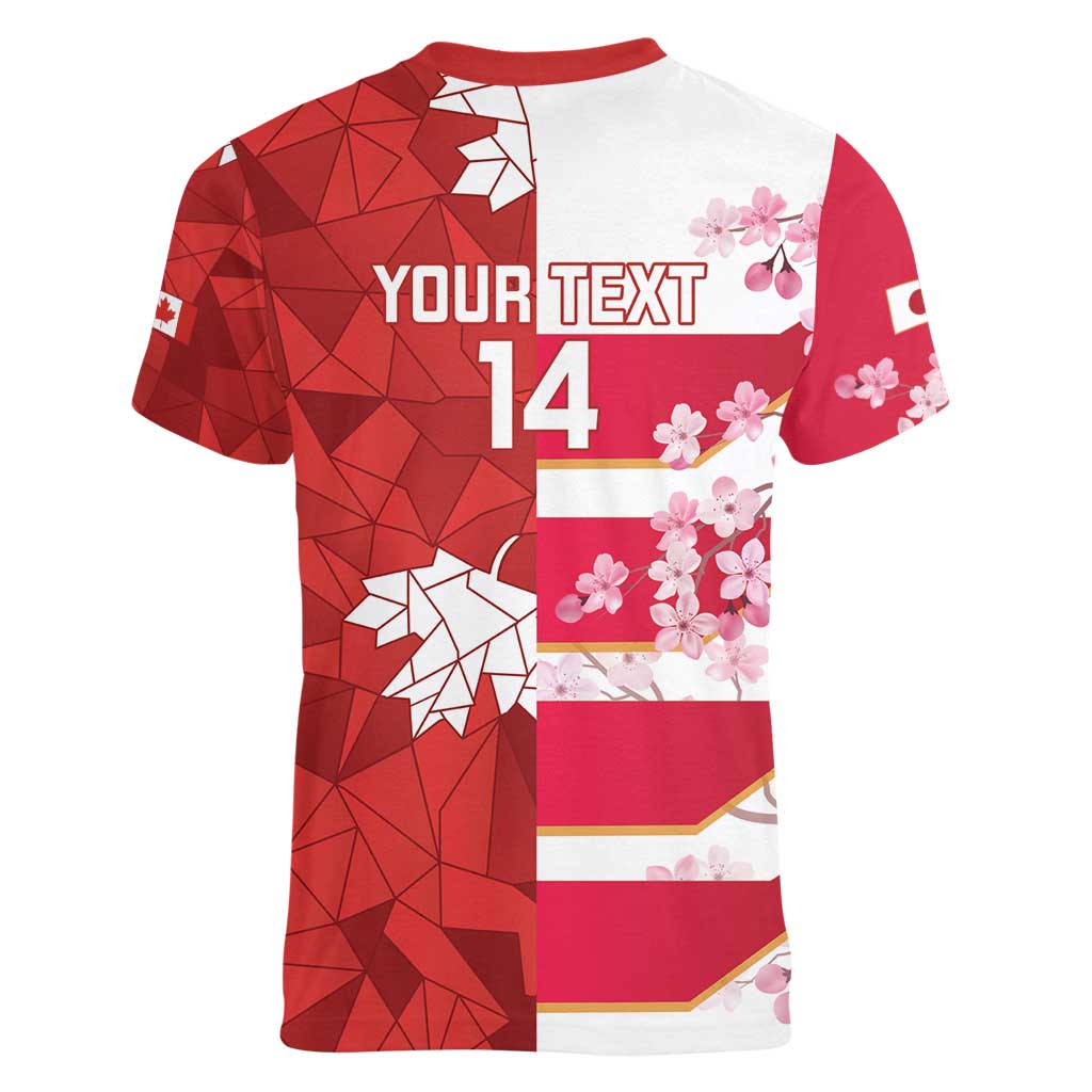 Canada and Japan Rugby Custom Women V-Neck T-Shirt Canucks Brave Blossoms Together Pacific - Polynesian Pride