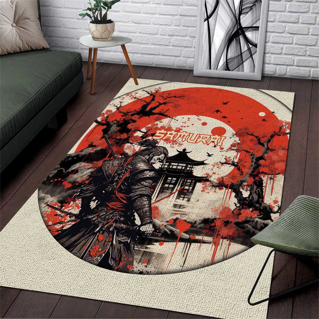 Samurai Warrior Japan Area Rug Red-blossomed Tree Classic Japanese Stylized - Polynesian Pride