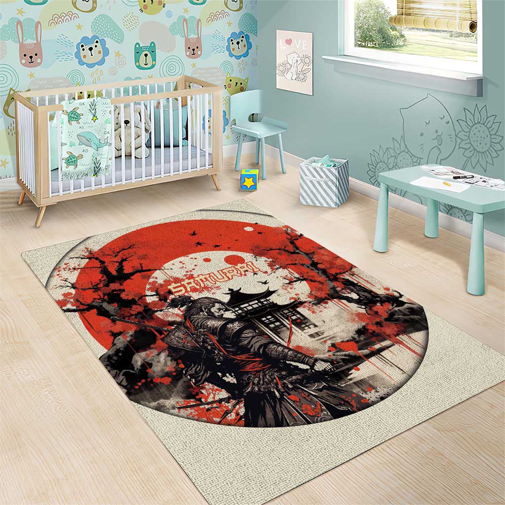 Samurai Warrior Japan Area Rug Red-blossomed Tree Classic Japanese Stylized - Polynesian Pride