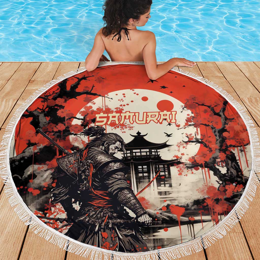 Samurai Warrior Japan Beach Blanket Red-blossomed Tree Classic Japanese Stylized - Polynesian Pride