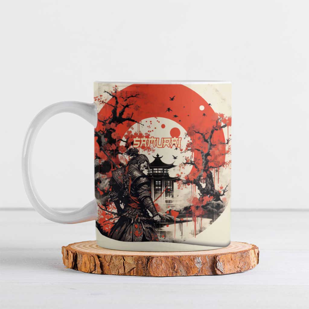Samurai Warrior Japan Ceramic Mug Red-blossomed Tree Classic Japanese Stylized - Polynesian Pride