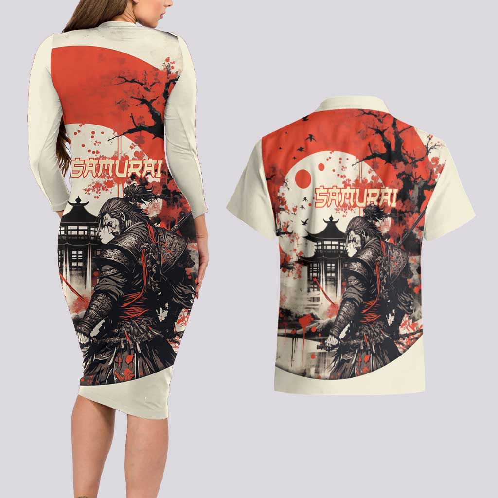 Samurai Warrior Japan Couples Matching Long Sleeve Bodycon Dress and Hawaiian Shirt Red-blossomed Tree Classic Japanese Stylized - Polynesian Pride