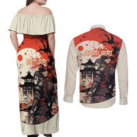 Samurai Warrior Japan Couples Matching Off Shoulder Maxi Dress and Long Sleeve Button Shirt Red-blossomed Tree Classic Japanese Stylized LT14 - Polynesian Pride